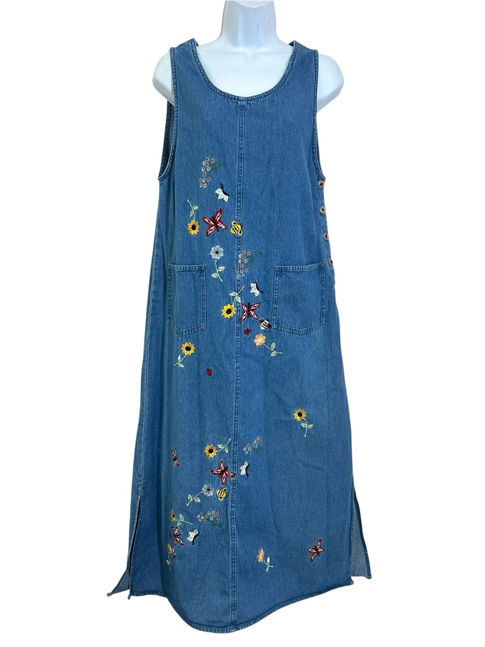 Agapo Vintage 90s Wildflower Embroidered Denim Jumper Overall Maxi Dress Size S